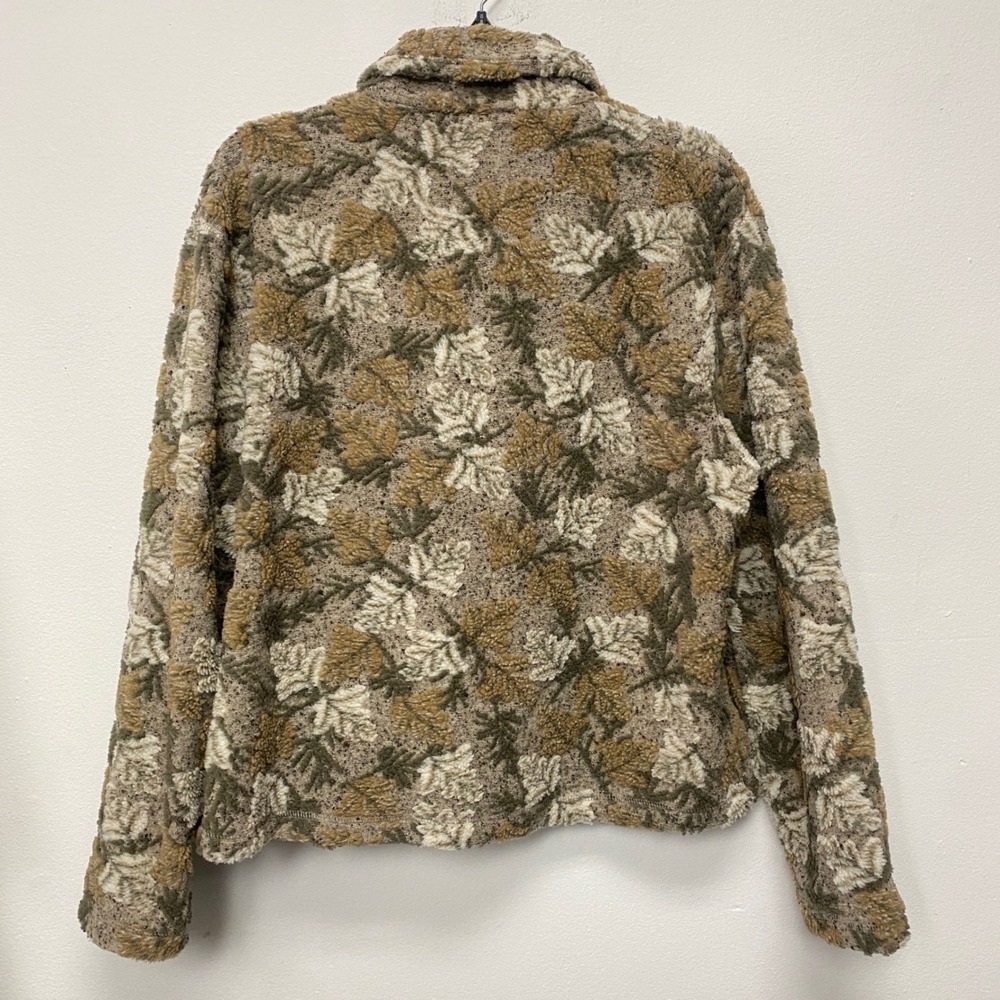 Lonergan Leaves Pattern Teddy Button Up Jacket Brown Beige Women's Medium View 5